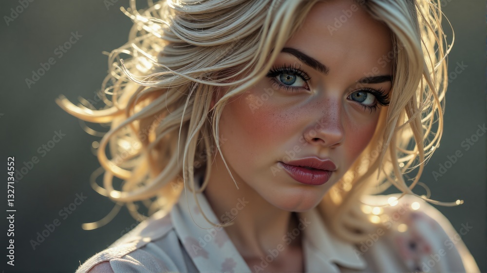 Φωτογραφία A blonde woman with blue eyes and red hair is wearing a white shirt