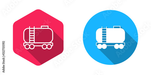 Filled and outline Oil railway cistern icon isolated with long shadow background. Train oil tank on railway car. Rail freight. Oil industry. Vector