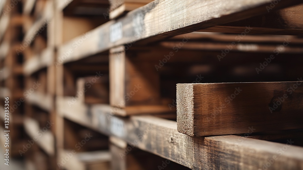 Close up of wooden pallets stacked in a warehouse reflecting rustic industrial style : Generative AI Close up of wooden pallets stacked in a warehouse reflecting rustic industrial style : Generative AI
