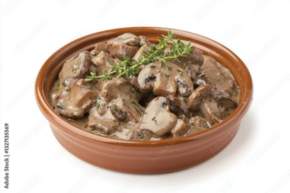 Mushroom stew with cream sauce and thyme sprigs in a rustic earthenware bowl on a white table simple food