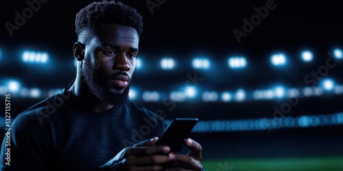 Man football stats on app at stadium digital content nighttime engaged focus