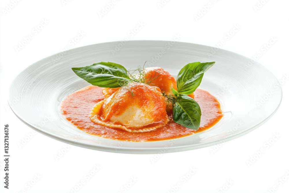 Classic Italian Ravioli with Rich Tomato Sauce and Fresh Basil Leaves on White Plate close up Classic Italian Ravioli with Rich Tomato Sauce and Fresh Basil Leaves on White Plate close up