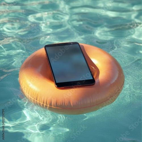 Smartphone balancing on a float in summer pool scene with water reflection