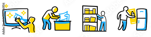 Office cleaning routine - person tidying desk, organizing bookshelf , tv screen cleaning and fridge cleaning routine icon set for cleaning service