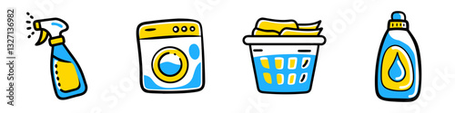 Disinfectant spray bottle, fabric softener bottle, laundry basket with clothes and washing machine icon set for cleaning in vibrant colors, promoting cleanliness and health safety
