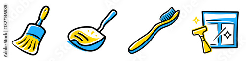 Bright hand broom for efficient cleaning and tidying, cooking pan with splash, window cleaning and toothbrush icon set for cleaning sevice website design