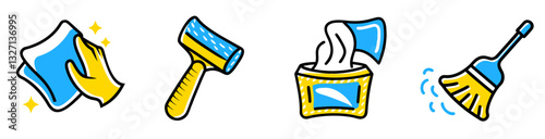 Efficient cleaning concept with blue and yellow broom for dust removal, cloth and hand, lint roller and sanitizing wipes icon set for cleaning service