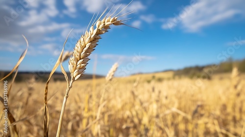 Golden wheat stalk swaying gently in the breeze against a bright blue sky with occasional clouds : Generative AI