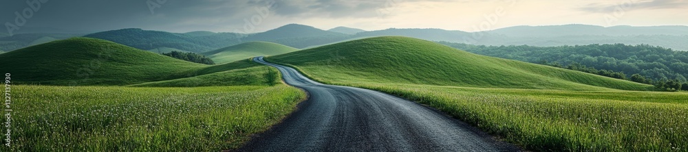 Fototapeta premium Scenic Country Road Winding Through Vibrant Green Hills. Generative AI