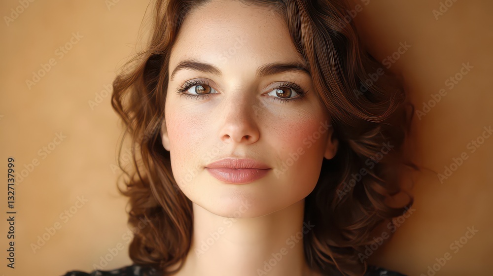 Obraz premium Elegant woman in her 30s with flawless skin and wavy hair, looking directly into the camera with a warm expression, on a neutral background.