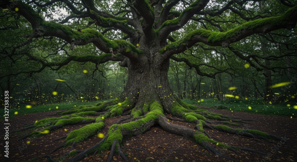 Obraz premium A grand ancient tree with wide branches and moss-covered roots, basking in soft morning sunlight. Perfect for nature, forest, and tranquility themes.