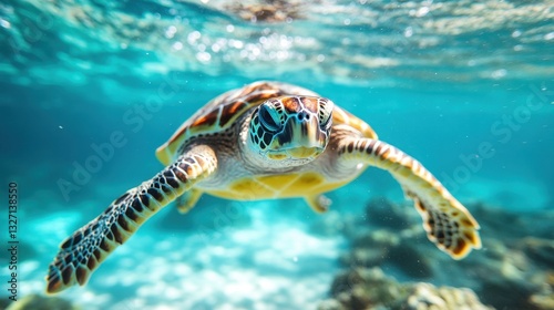 Graceful sea turtle swimming in crystal clear turquoise water with sunlit surface in tropical ocean marine life underwater photography