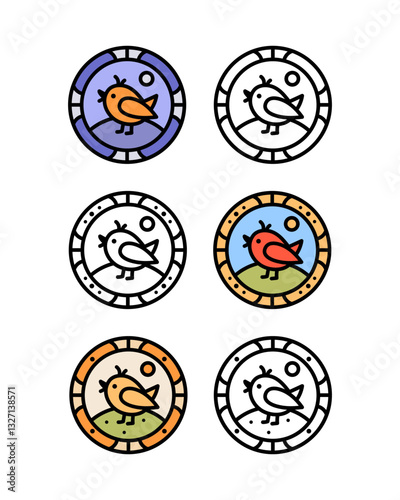 Set of cartoon line art little bird in a round frame logos isolated on white background.