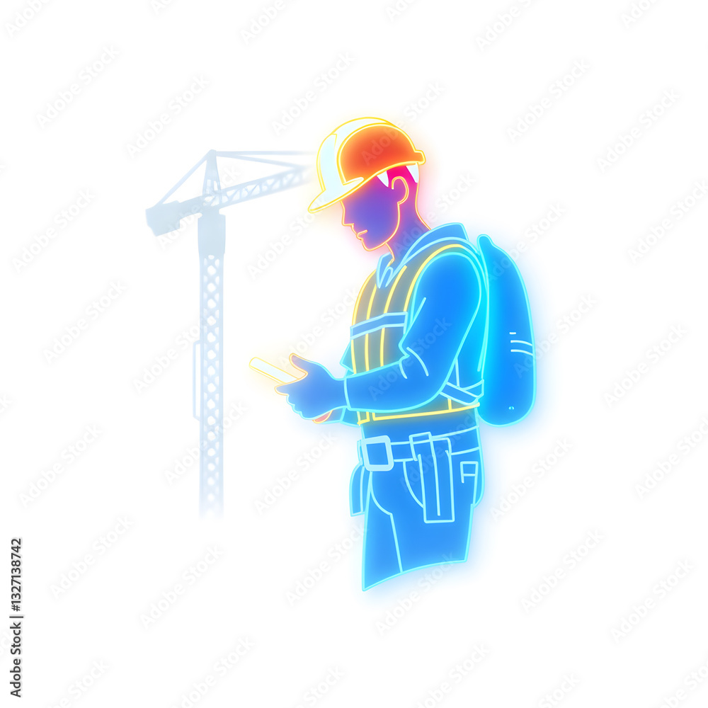 Person working at a construction site holographic 3D icon. neon symbol vector illustration isolated on white background. Generative AI Person working at a construction site holographic 3D icon. neon symbol vector illustration isolated on white background. Generative AI