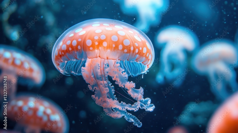 Enchanting jellyfish gracefully dancing in the deep blue ocean shimmering with soft light illuminating their delicate forms creating a mesmerizing underwater scene Enchanting jellyfish gracefully dancing in the deep blue ocean shimmering with soft light illuminating their delicate forms creating a mesmerizing underwater scene