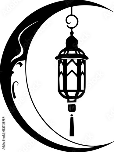 Crescent Moon Lantern Monochrome Black and White Minimalist Illustration Design Decorative Symbolic Lunar Night Light Artwork