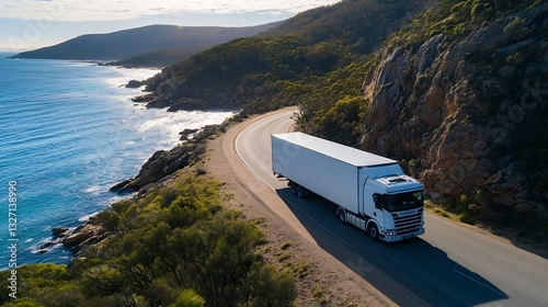 A large white truck cruising along a coastal road with rocky cliffs and ocean views : Generative AI photo