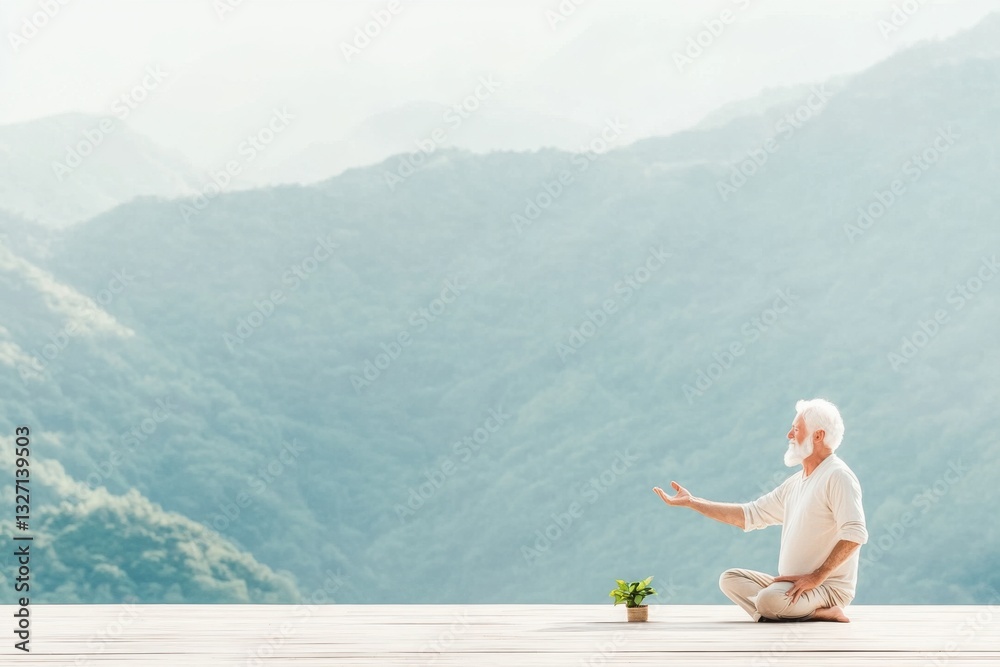 Fototapeta premium man sits in the lotus position on a ledge in the mountains and meditates. The scene is peaceful and serene, the man is focused on his breathing and the surrounding nature.