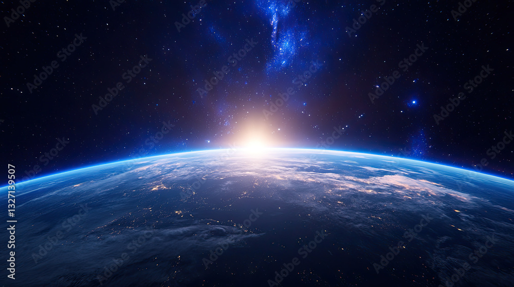 A stunning view of Earth from space, showcasing a sunrise over the horizon, with vibrant colors and distant stars in the background. A stunning view of Earth from space, showcasing a sunrise over the horizon, with vibrant colors and distant stars in the background.