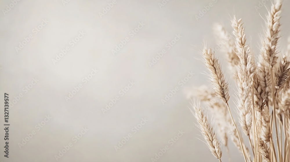 Obraz premium Dried beautiful wheat stalks arranged elegantly against a soft neutral background : Generative AI