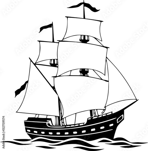 Monochrome sailing ship illustration in minimalist black and white line art style for nautical themes marine adventure and vintage designs