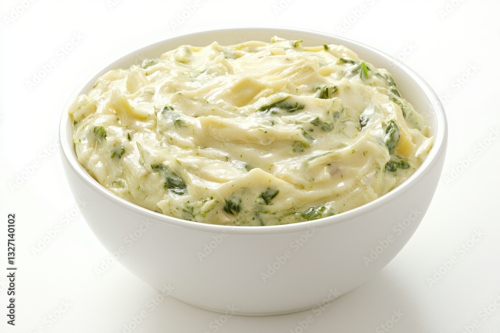 Creamy dreamy mashed potatoes with fresh herbs in white bowl on white background smooth creamy texture Creamy dreamy mashed potatoes with fresh herbs in white bowl on white background smooth creamy texture