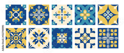 Mediterranean pattern. Blue and yellow tiles. Moroccan, Italian, Portuguese, Spanish geometric background in traditional style. Wall and floor interior design. Mosaic. Vector.