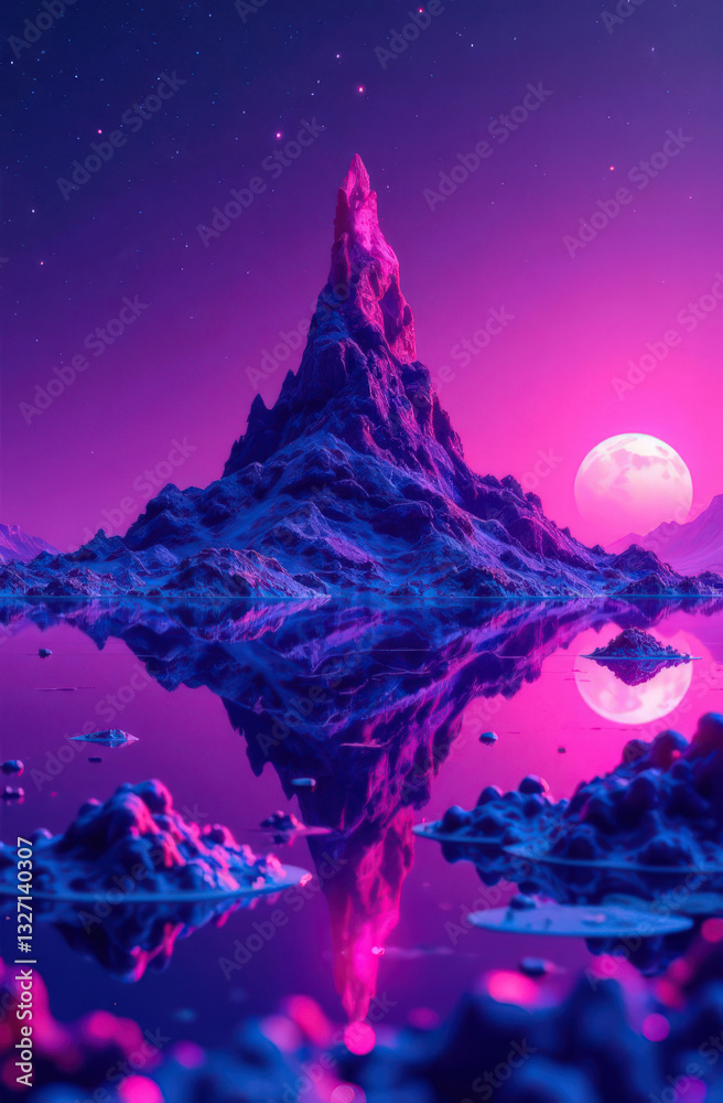 Obraz premium Neon-Lit Floating Metal Island in a Cosmic Landscape