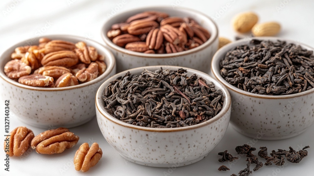 Assorted nuts and tea in small bowls