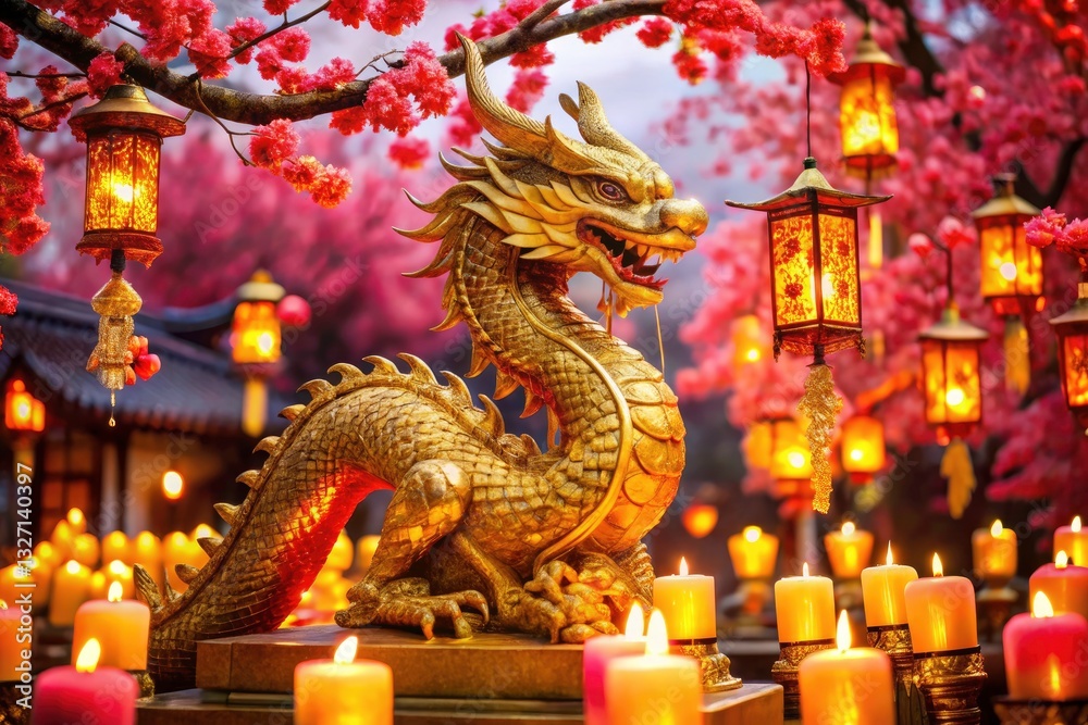 Fototapeta premium Golden Dragon Statue Chinese New Year Celebration - Red Lanterns, Cherry Blossoms, Prosperity, Strength