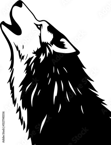 A monochrome illustration of a wolf howling at the moon in a minimalist black and white style