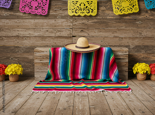 Display of Mexican blanket with a sombrero.  Cinco De Mayo
