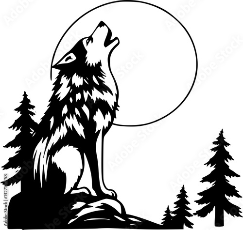 A monochrome illustration of a wolf howling at the moon in a black and white wildlife nature scene at night