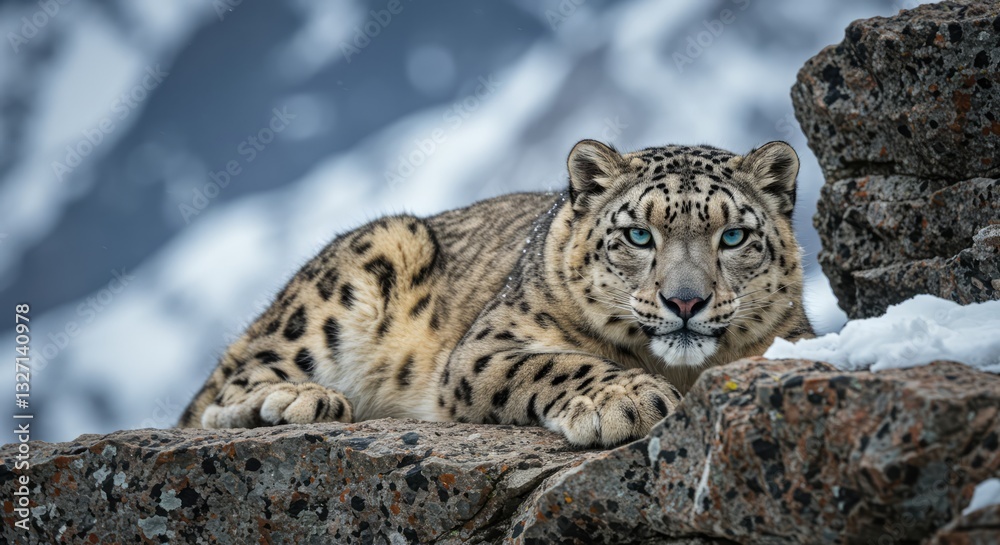 A powerful snow leopard with striking blue eyes poses on a rocky cliff with snowy mountains in the background. Perfect for themes of wildlife, strength, and conservation. A powerful snow leopard with striking blue eyes poses on a rocky cliff with snowy mountains in the background. Perfect for themes of wildlife, strength, and conservation.