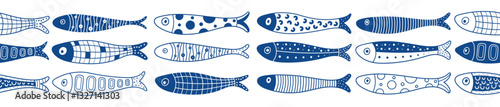 Vector seamless horizontal border with fish. Cute illustration. Sardines, salmon, tuna, tilapia.
