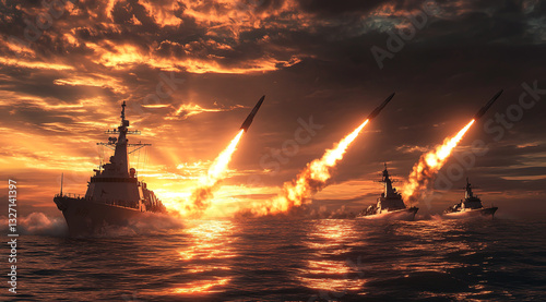 A realistic photograph of military ships firing missiles at an enemy in the ocean, with a sunset backdrop.