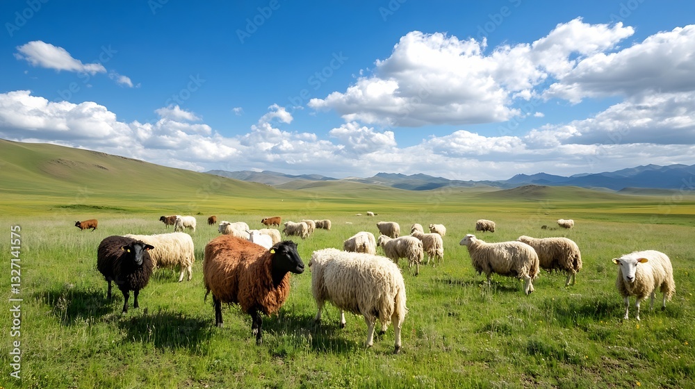 A flock of sheep grazes peacefully in a sunny green meadow surrounded by a beautiful pastoral landscape : Generative AI A flock of sheep grazes peacefully in a sunny green meadow surrounded by a beautiful pastoral landscape : Generative AI