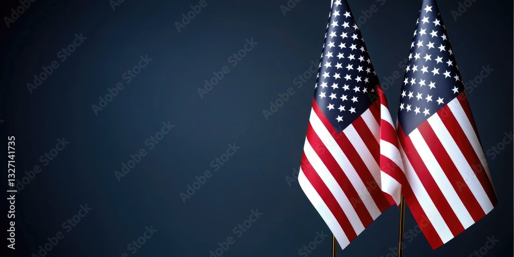 Two American flags on a stand against a dark blue background Two American flags on a stand against a dark blue background