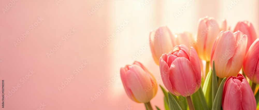 Fototapeta premium Pink tulips bouquet on a bright sunny background.