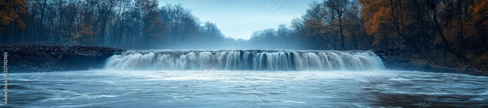 Fototapeta premium Powerful water rushing over a broken dam flooding the surrounding area in a dramatic scene. Generative AI
