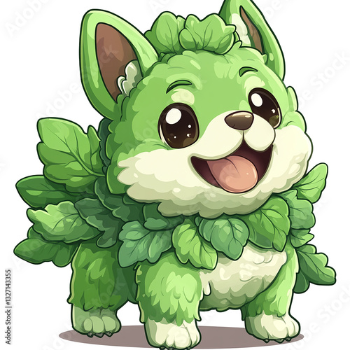 An adorable Napa cabbage dog hybrid, with a leafy tail and a wagging tongue, designed in chibi style, high-resolution PNG