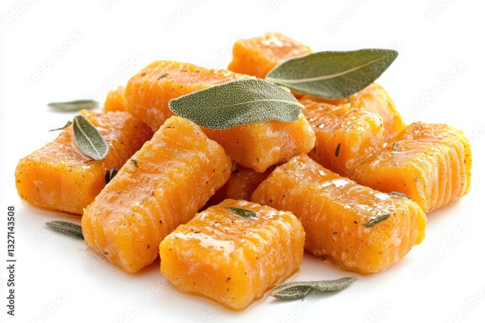 Culinary delight of roasted butternut squash gnocchi with fresh sage in a bright ambiance food photography Culinary delight of roasted butternut squash gnocchi with fresh sage in a bright ambiance food photography