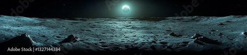 Panoramic view of the moon's surface with Earth in the distance casting a surreal glow. Generative AI