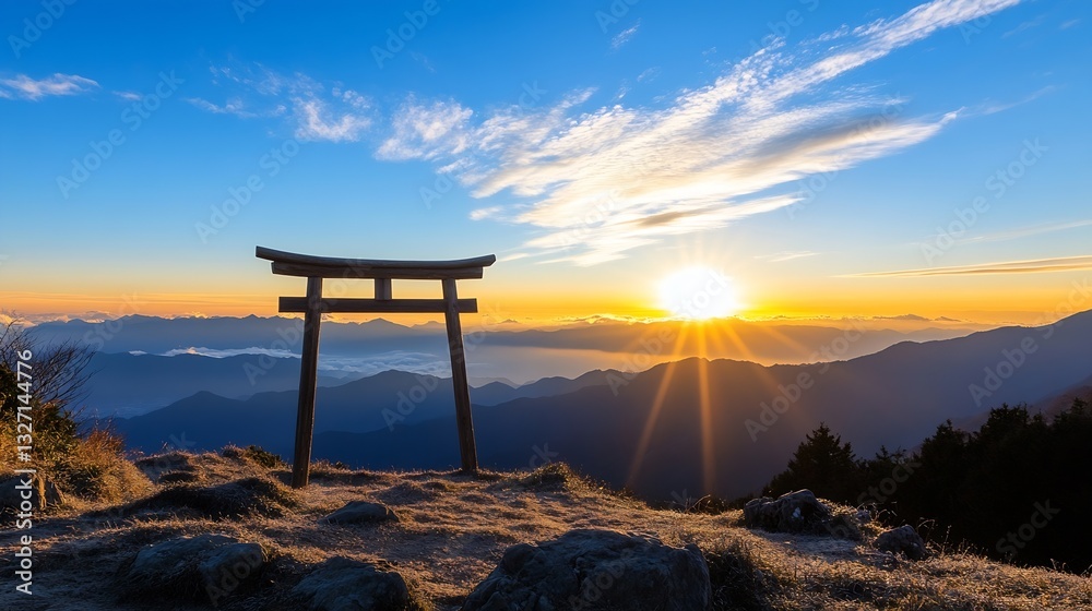 Scenic view of a torii gate silhouetted against a vibrant sunset in the mountains : Generative AI Scenic view of a torii gate silhouetted against a vibrant sunset in the mountains : Generative AI