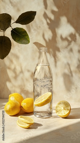 Fresh lemons and bottled water on a table, perfect for a kitchen or dining setup photo