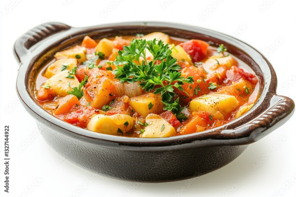 Tasty potato stew with ripe tomatoes carrots and fresh parsley in a dark cooking bowl Tasty potato stew with ripe tomatoes carrots and fresh parsley in a dark cooking bowl