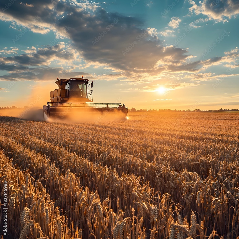 Fototapeta premium Combine harvester working in wheat field, sunset