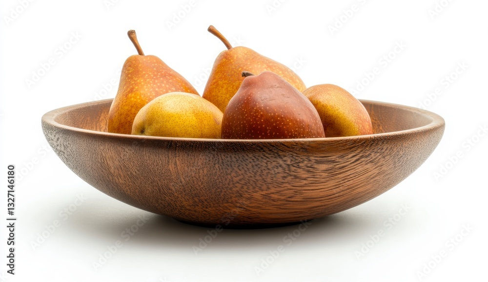 Ripe Pears in Rustic Wooden Bowl on White Ripe Pears in Rustic Wooden Bowl on White