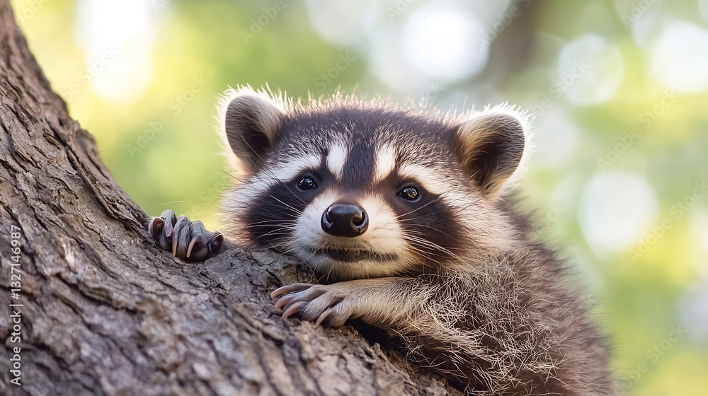 Cute Raccoon Relaxing on a Tree Branch Surrounded by Natural Green Background : Generative AI Cute Raccoon Relaxing on a Tree Branch Surrounded by Natural Green Background : Generative AI