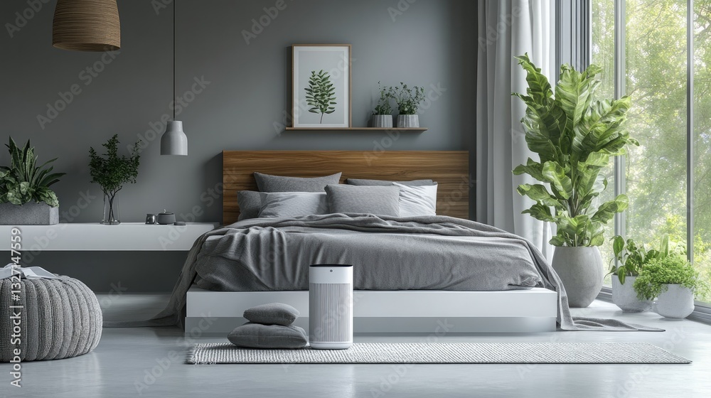Fototapeta premium Sleek white shelf in a modern minimalist bedroom featuring a smart air purifier, enhancing comfort and air quality.